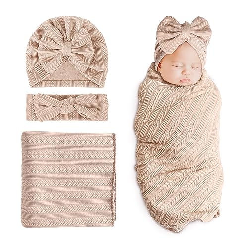 Image of DRESHOW BQUBO Newborn Receiving Blanket Toddler Warm for Girls with Bow Hat and Bow Headband Shower Gift