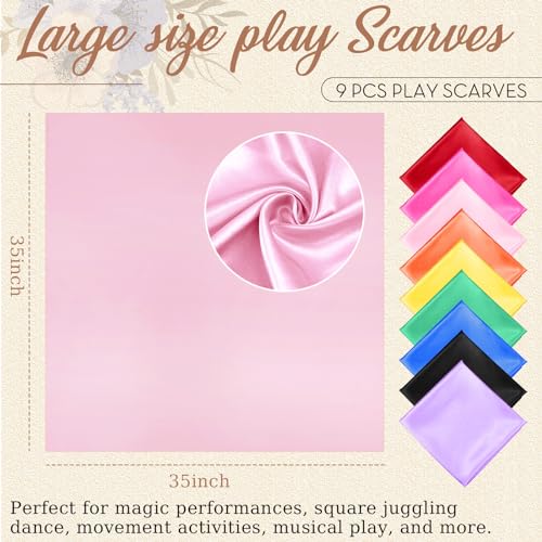Geyoga 9 Pcs Fabric Play Scarves Rainbow Play Dance Scarves Creative Pretend Juggling Dress 35 x 35 Inch2
