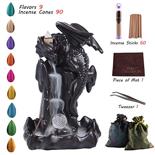 Otofy Handmade Backflow Incense Burner Waterfall Incense Holder With 90 Incense Cones + 50 Incense Sticks Sets, Aromatherapy Ornament Home Decor Gift Decorations Statue(Black Brown Led Dragon) #TOP1