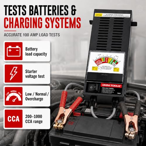 Image of Professional 100 Amp Battery Load Tester, 6V 12V Automotive Charging System Analyzer with Easy-Read Gauge, Copper Jaw Clamps for Car, Motorcycle, Marine Batteries T100A