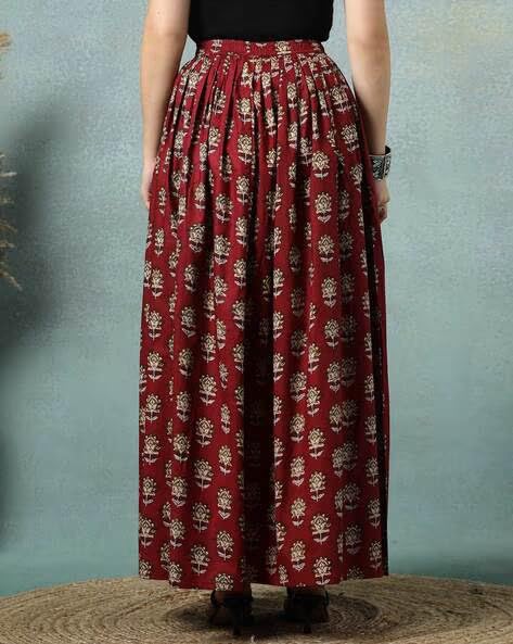 Image of Women's Floral Print Maxi Skirt, Maroon Red, 100% Pure Cotton, Elastic Waist, Full Length, Breathable Fabric