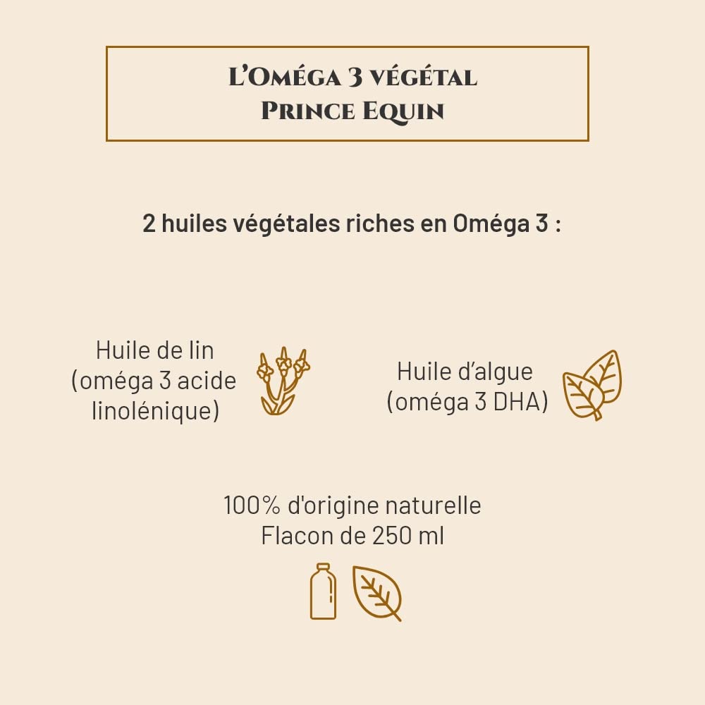 OMEGA 3 VEGETAL - Complément nutritionnel Cheval - Huile de lin et Huile d'algue riches en oméga 3 - Flacon 250 ml - Reprise d'état chevaux - Brillance de la robe - Marque Française