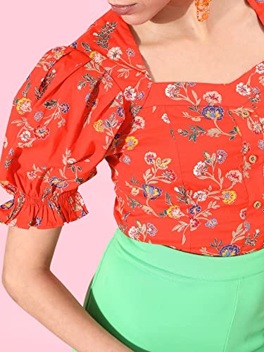 Image of Style Quotient Women Orange Floral Print Sweetheart Neck Top