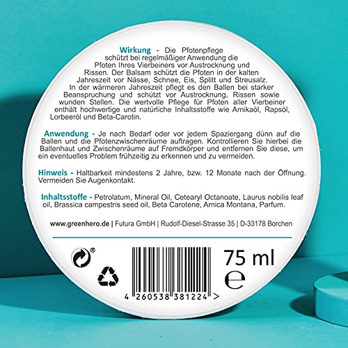 Green Hero Pfotenpflege für Hunde und Katze Pfotenbalsam mit Pfotenschutz in einem Produkt Pfotensalbe gegen Risse und Austrocknung mit Arnikaöl, Rapsöl, Lorbeerblatt öl 75 ml