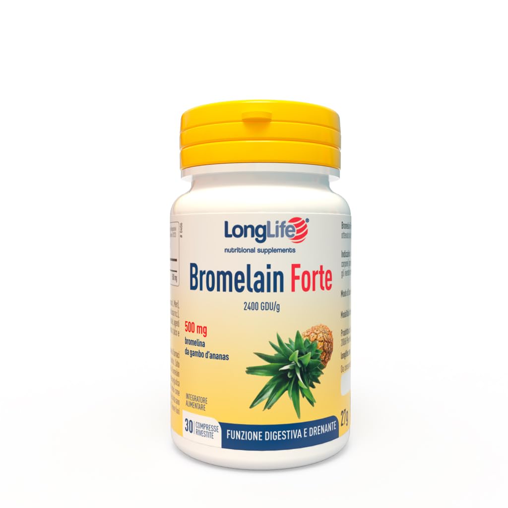 LongLife® Bromelain Forte | Alto dosaggio 2400 GDU/​g | Bromelina da gambo d'ananas | Drenante gambe e digestivo | Alto contenuto di enzimi | 30 compresse rivestite | Senza glutine e vegano