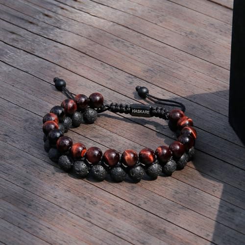 HASKARE Energy Beads Tiger Eye Bracelet for Men, Red Tiger Eye Beads Lava Stone Bracelets, Handmade Protection Crystal Bracelet Mens Jewelry Bracelets Father Christmas Gift for Stress Relief 8mm4