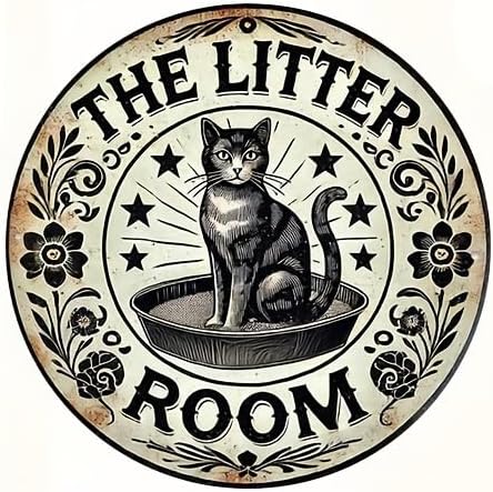 Retro Round Metal Tin Sign The Litter Room, Vintage Tabby Cat Litter Box Floral Star Wall Decor Gift for Farmhouse Kitchen Porch Indoor Outdoor Tin Plaque Home Decorative 12x12 Inch/30x30cm