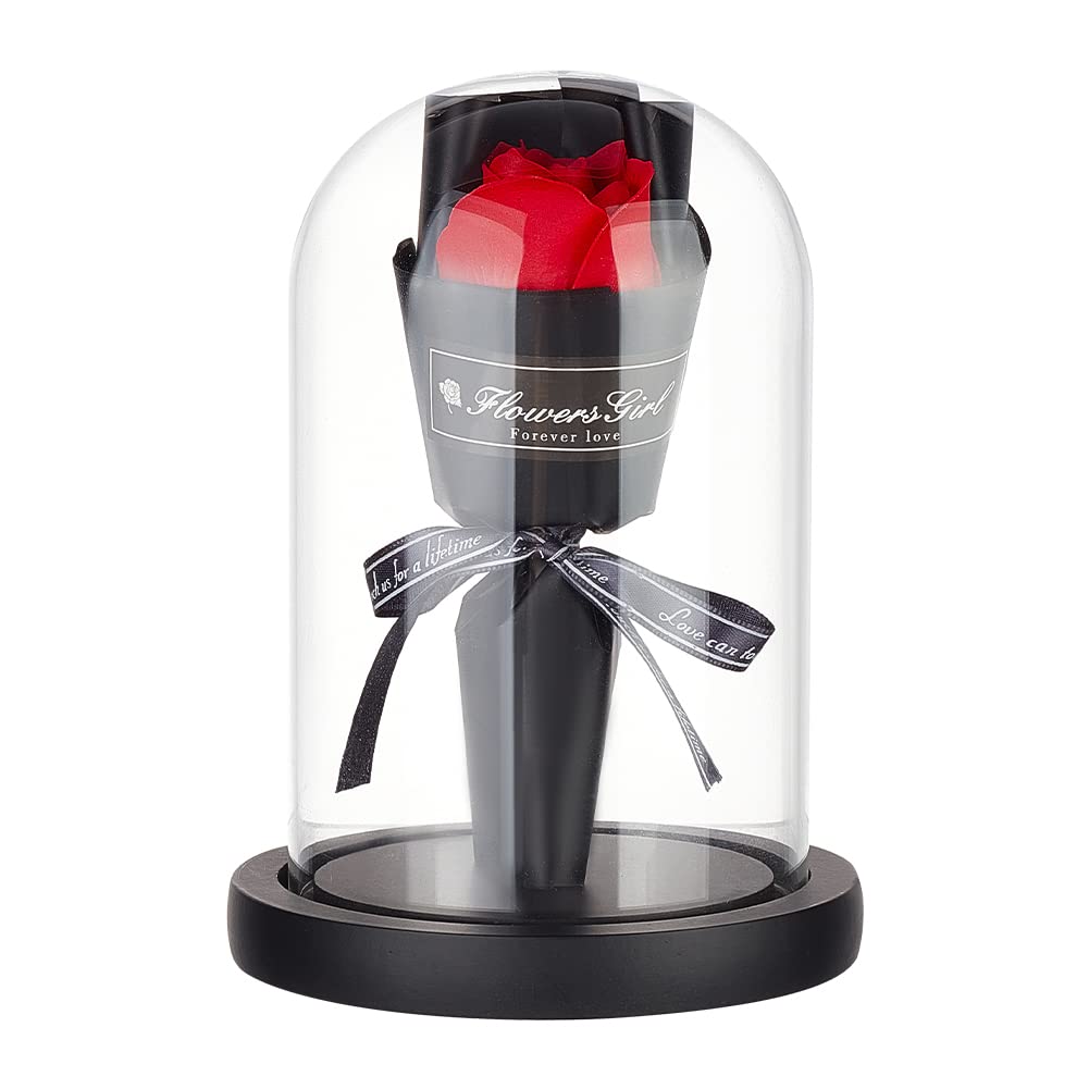 NBEADSForever Rose in Glass Dome, Glass Arch Bell Jar Rose Black Eternal Flower Wood Base Artificial Soap Rose Design Gift for Valentine's Day Mother's Day Anniversary Decorations Gift