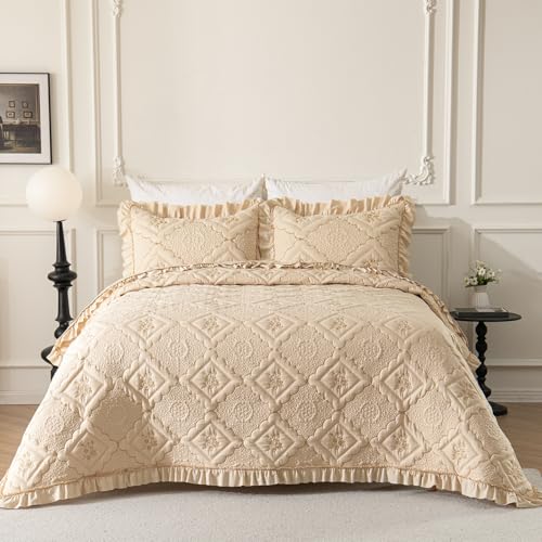 Image of BOV Beige King Ruffle Comforter Set, Vintage Farmhouse Quilt Bedding with Pillow Shams, French Country & Cottage Style Bedding for Shabby Chic Bedrooms, 92x96 Inches