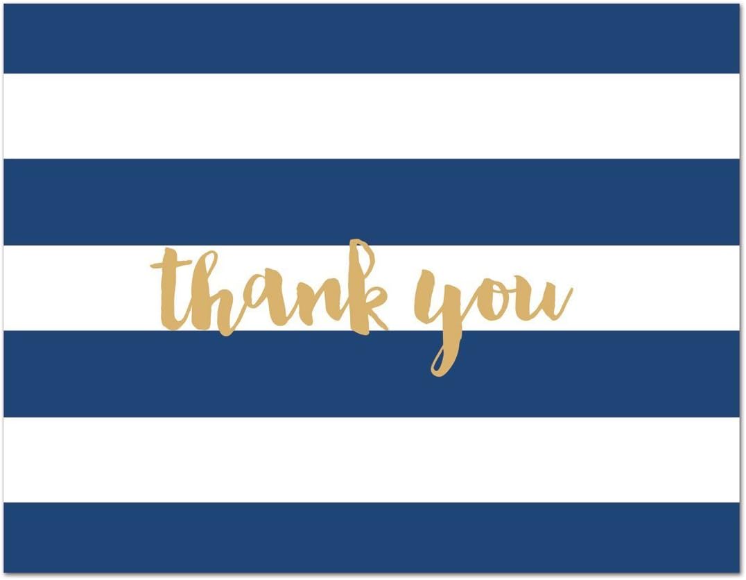 MyExpression.com 50 Horizontal Stripes Script Thank You Cards (Navy-Gold)