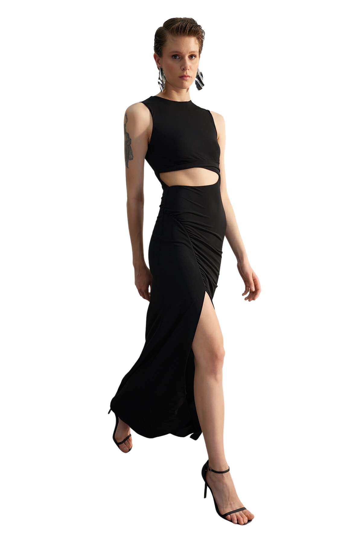 Trendyol FeMan Shift Fitted Knit Evening Dress,Black,36