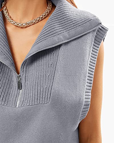 Womens Zipper Lapel Sweater Vest Tank Tops Summer Sleeveless Pullover Casual Lightweight Knit Top Grey #TOP3