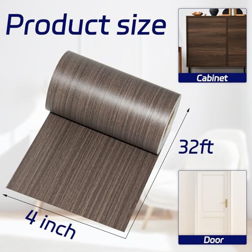 Image of Deep Gray Border Peel and Stick, 4 inch X 32 ft Self Adhesive Wood Repair Tape, 1Roll Wood Colored Trim Wood Grain Repair Patch for Mirrors, Doors, Windows, Floors, Furniture, Bathroom