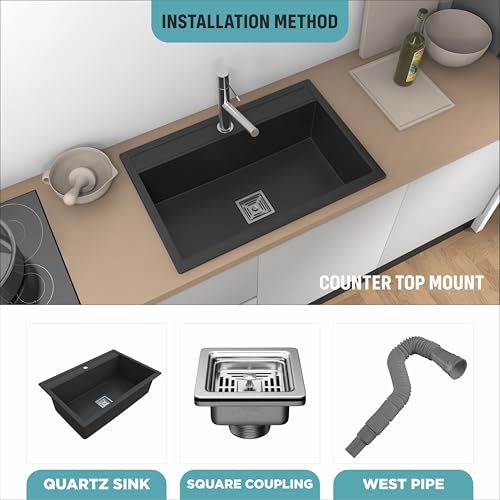 Image of HARDSTONE Premium Quartz Kitchen Sink (30x20x9 Inch) | Matt Black Granite Single Bowl Sink | Top Mount | SS Square Waste Coupling & PVC Drain Pipe | Scratch, Heat & Stain Resistant | 10-Year Warranty