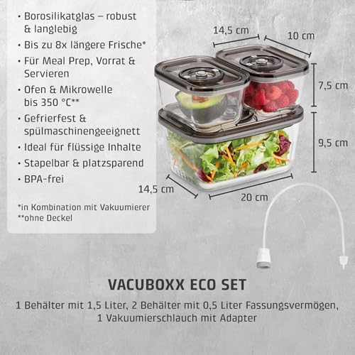 Caso VacuBoxx Eco-Set - 3 Vakuumbehälter aus Borosilikatglas, BPA-Frei, inkl. Vakuumierschlauch & Adapter Vakuumierer/Handpumpe, hitzebeständig, spülmaschinenfest, gefriergeeignet 3