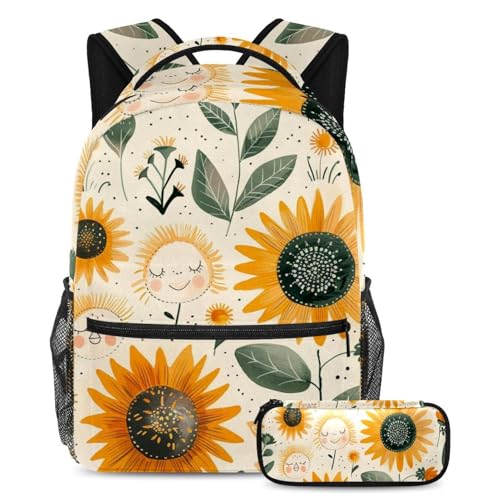 Cartable tournesols peints à la main grand format avec trousse assortie