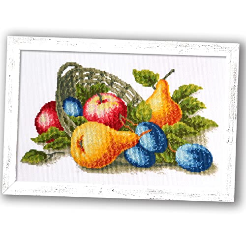 Povitrulya Fruit Basket - Embroidery Set - DIY Counted Cross Stitch Kit with Paper Pattern, 14 Count Aida Canvas and Pre-Sorted Floss