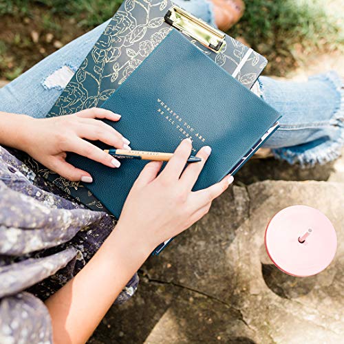 Steel Mill & Co Cute Clipboard Folio with Refillable Lined Notepad and Interior Storage Pocket for Women, Stylish Metallic Gold Floral on Navy Design Clipfolio, Navy Floral