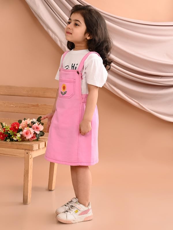 Image of superminis Girls Twill Denim Solid Color Dungree /Dress With Embroidered Pocket (1 Dress,1 Tee)