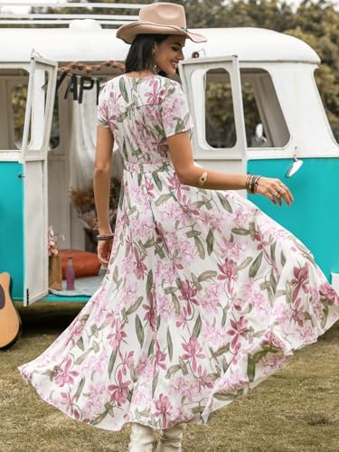 Image of SGF11 Floral Summer Dresses for Women 2026 Design Boho V Neck Short Sleeve Slit Maxi Dress Wear Casual