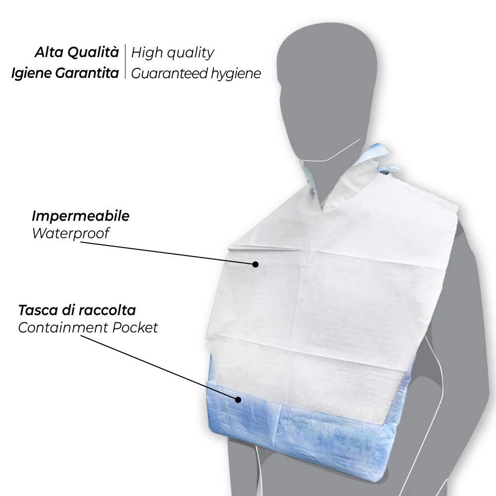 MEDICAL SUD PROFESSIONAL Bavoirs jetables pour adultes en cellulose et en polyéthylène avec poche de collecte absorbantes et imperméables, fabriqués en Italie