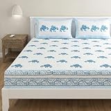 LOVENSPIRE 100% Cotton Sheets (Set of 3) Indian Hand Block Printed Fitted Bedding, Ethnic Royal Elephant Design, Soft Breathable Cotton Sheet Set with 2 Pillow Covers Indigo Blue/Queen