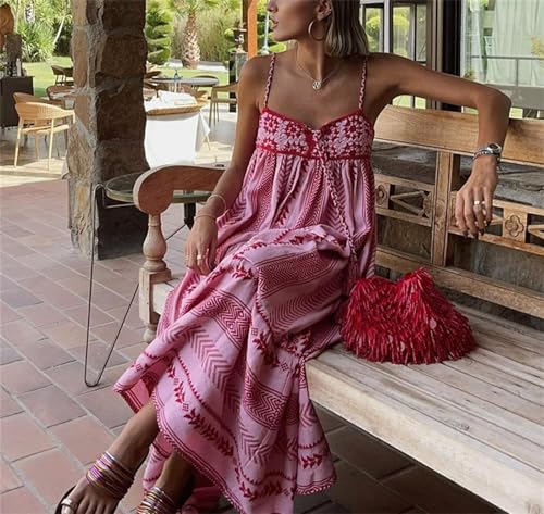 Image of Yuemengxuan Boho Maxi Dresses for Women Spaghetti Strap Flowy Smocked Long Dress Casual Summer Vacation Beach Maxi Dress