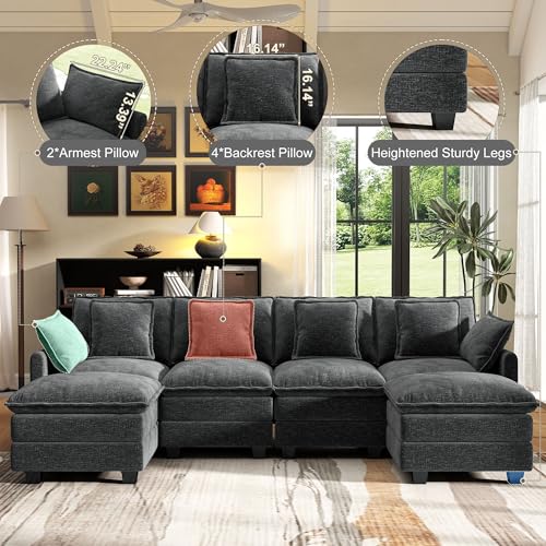 Image of 107 inch Cloud Couch Sectional Modular Sofa, Deep Seat Couches with Ottoman and Removable Washable Pillows for Living Room, Bedroom, Apartment, Black