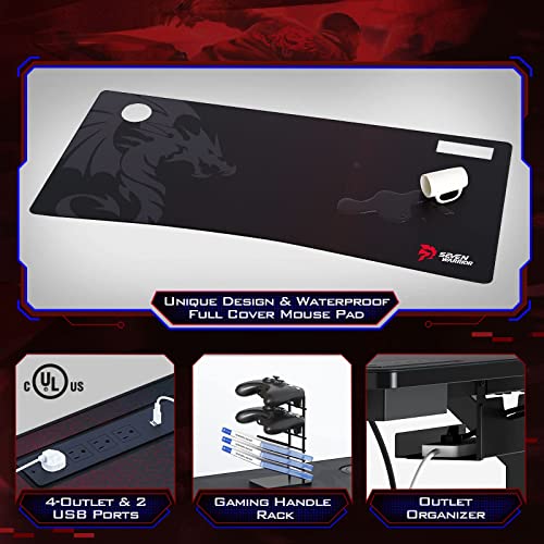 Seven Warrior Gaming Desk 55Inch With Led Lights & Power Outlets, Carbon Fiber Surface Computer Gamer Desk With Full Desk Mouse Pad, Ergonomic Y Shaped Leg Gamer Table With Monitor Stand #TOP3