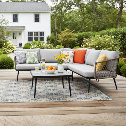 Image of DEVOKO Outdoor Indoor L-Shape All Weather Handwoven Rope Patio Set with Glass Top Coffee Table for Backyard, Balcony, Pool, Terrace, Garden (Beige & Off-White)