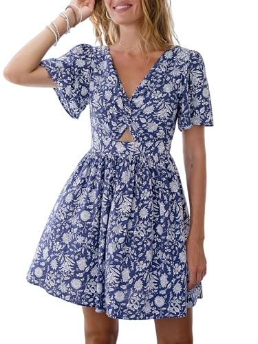 Image of CUPSHE Women's Summer Dresses Casual V Neck Short Sleeve Cutout Smocked Short Flowy Beach Mini Dress