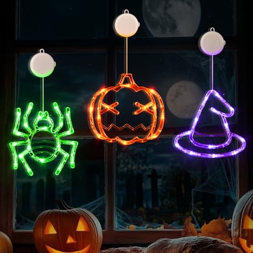 LOLStar Halloween Decorations 3 Pack Orange Pumpkin Green Spider Purple Witch Hat Window Lights with Suction Cup Battery Operated Slow Fade Timer Function Halloween Lights for Window Decor