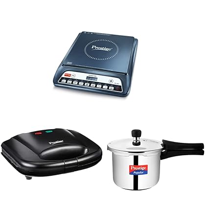 Prestige 1600W Induction Cooktop with Push button&Prestige 800W Grill Sandwich Toaster with Fixed Grill Plates&Prestige Popular Outer Lid Pressure Cooker, 3ltrs