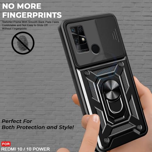 Image of AESTMO Tough Armor Redmi 10 /10 Power Bumper Back Case Cover | Ring Holder & Sliding Camera Shield Cover | 360 Degree Protection Back Case Cover for Redmi 10 /10 Power (Black)