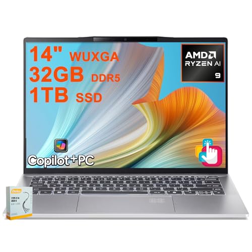 Image of acer Swift 14 Portable Copilot+ AI PC Laptop | 14 inch WUXGA Matte Touch | AMD 10-core Ryzen AI 9 365 (Up to 50 NPU Tops - Up to 73 GPU Tops) | 32GB DDR5 1TB SSD | Backlit Wi-Fi7 Win11 w /DLCA Accessory