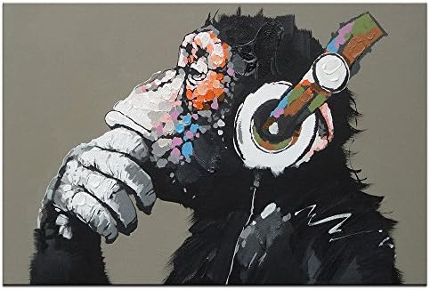 DVQ ART-Framed Animal Music Gorilla Canvas Printed Painting Modern Funny Thinking Monkey with Headphone Wall Art for Home Decor Ready to Hang 1 PCS (16x24inch(40x60cm))
