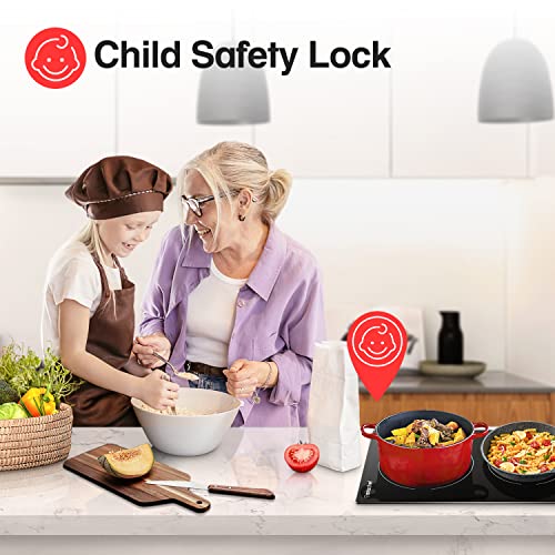 AMZCHEF Glaskeramikkochfeld 2 Platten, Domino Glaskeramik Kochfeld, Schnelles Aufheizen in 3 Sek. drei Heizzonengrößen, Timer und 9 Leistungsstufen, geeignet für alle Töpfe, Sicherheitsschloss – Bild 6