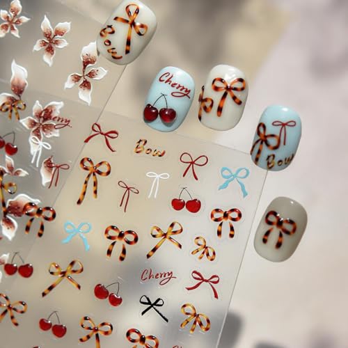 Image of Bow Nail Stickers Cherry Nail Decals for Nails Art with Leopard Print Design Bowknot Nail Art Stickers 5D Embossed Self Adhesive Nails Art Decals for Women Girls Manicure DIY Decoration Accessories