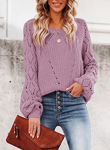SHEWIN Women's Casual Long Sleeve Crewneck Crochet Sweater Lightweight Knit Pullover Sweaters Tops3
