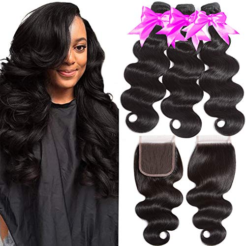 Flady Hair Brazilian Virgin Human Hair 3 Bundles with Lace Closure Unprocessed Brazilian Body Wave with Closure Free Part Black Color (14 16 18+10inch free part closure)