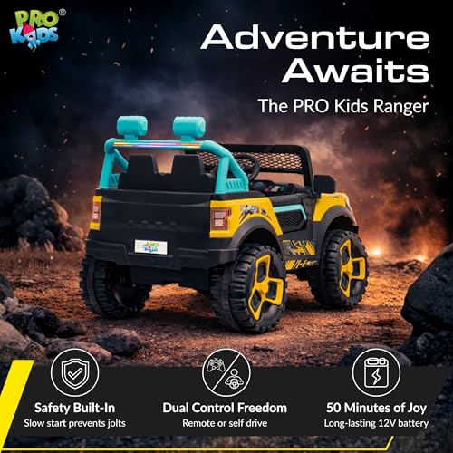 Image of PRO KIDSRanger 12V Battery Operated Jeep for Kids with Remote Control, Bluetooth, USB & AUX | Ride-On Electric Car with LED Lights, Music & Seat Belt | Boys & Girls (1-8 Years)