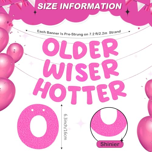 Image of Fulmoon Set of 3 Pre Strung Older Wiser Hotter Glitter Banner Funny Birthday Banner for Women 30th 40th 50th 60th 70th 80th Birthday Party Decorations Sign Gift(Light Pink)