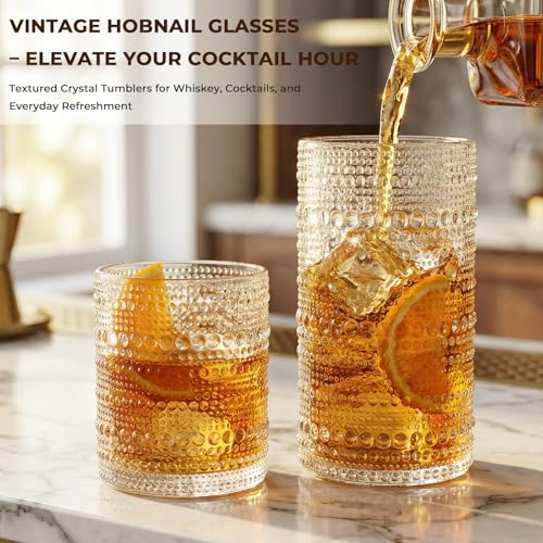 CycleMore Set of 12 Vintage Hobnail Drinking Glasses, 12 oz Highball Glasses & 10 oz Cocktail Glasses, Bar Tumbler Glassware for Water, Juice, Beer, Whiskey, Cocktail, Smoothie by CycleMore - Used condition - Image 4
