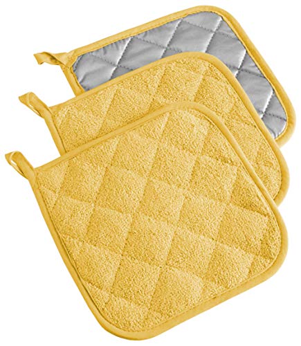 DII 100% Cotton, Quilted Terry Oven Set Machine Washable, Heat Resistant with Hanging Loop, Potholder, Yellow 3 Count