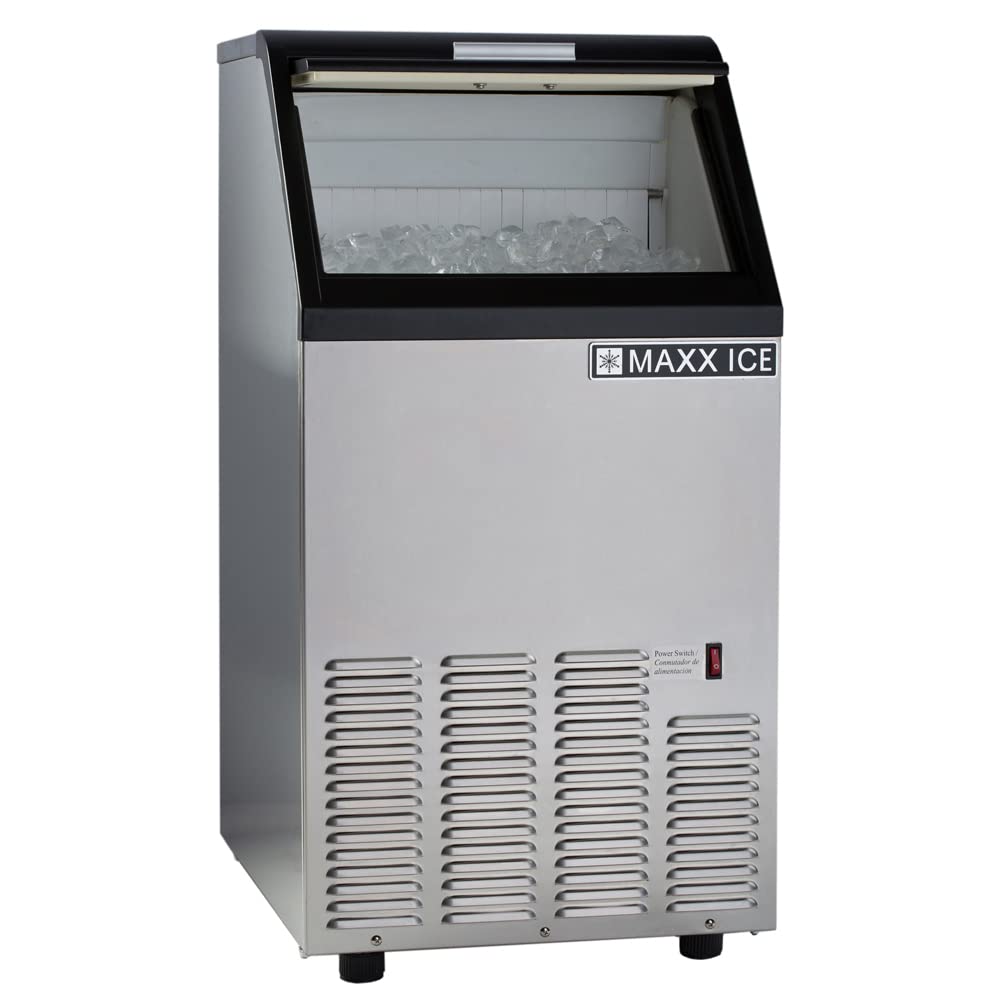 Front view of the Maxx Ice MIM75 Commercial Ice Maker Machine, stainless steel finish with black top and front vents