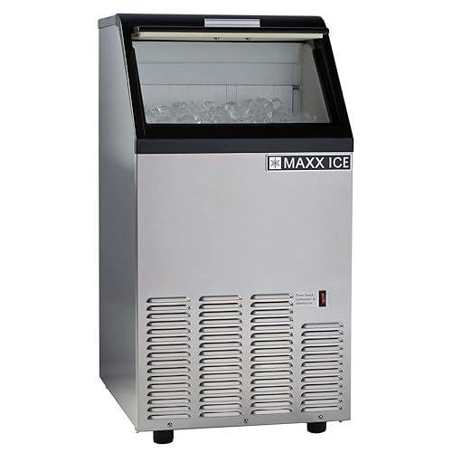 Maxx Ice MIM75 - Máquina comercial para hacer hielo, diseño autónomo de acero inoxidable que hace cubos de bala con almacenamiento de 25 libras, 75