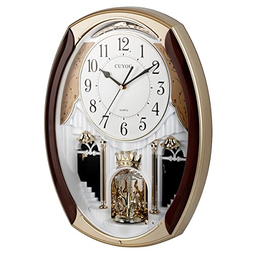 CUYOU Musical Motion Chime Wall Clock with Rotating Pendulum Decorative Wall Clock 18 Melodies Light Sensor Adjustable Volume for Home Hotel Library or Church Decor.