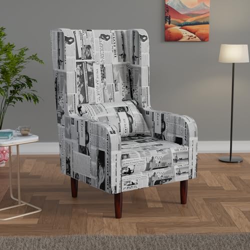 Image of Custom Decor Wooden Wing Chair with Ottoman Stool | Wingback for Living Room | High Density Foam | Accent Chair for Seating, Home Decor Furniture | (Vintage Newsprint 2, with Ottoman)