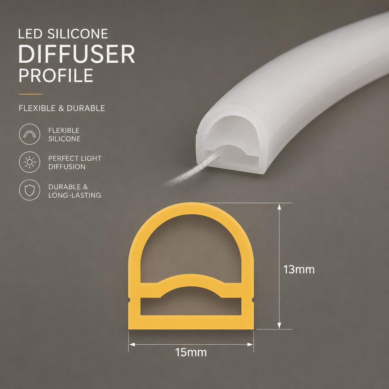 JANDEI - Profilo Flessibile in Silicone 5 Metri per Striscia LED con PCB fino a 10 mm di Larghezza. Emissione di Luce 270°, Formato Semicircolare 15 mm x 13 mm. Adatto per Esterni, Colore Bianco