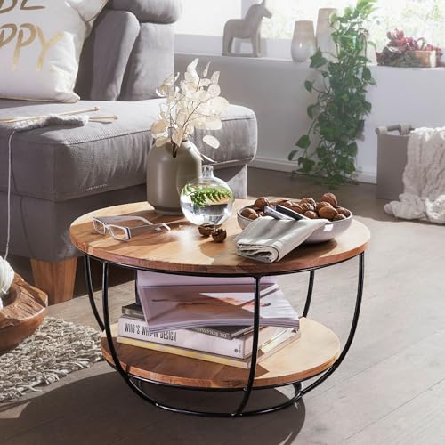 FineBuy Table Basse Acacia en Bois Massif 60 x 34,5 x 60 cm | Table d'appoint de Style Industriel avec 2 Plateaux – Image 3